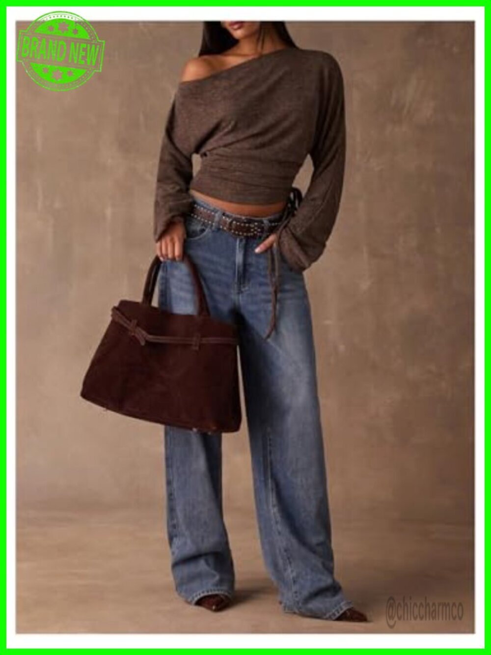 Off Shoulder Crop Top Drawstring Ruched Long Sleeve Ribbed Tee - Picture 5 of 5